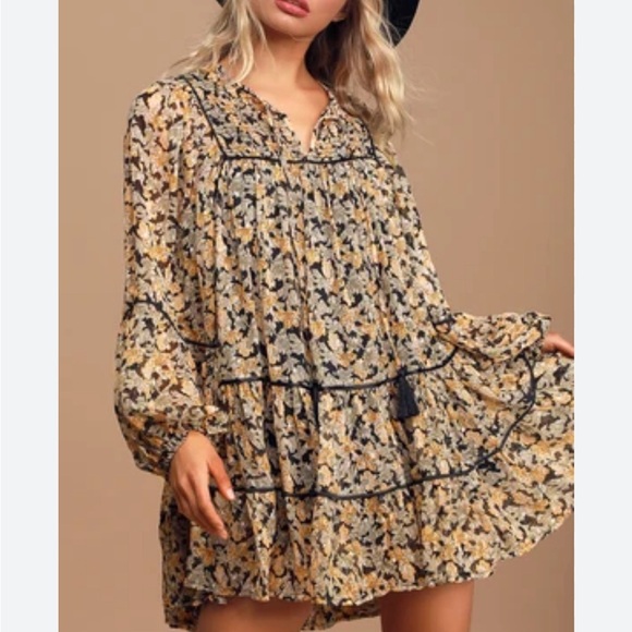 Free People Dresses & Skirts - Free People Floral Swinging Mini Dress Sheer Long Sleeves Size Large No Liner